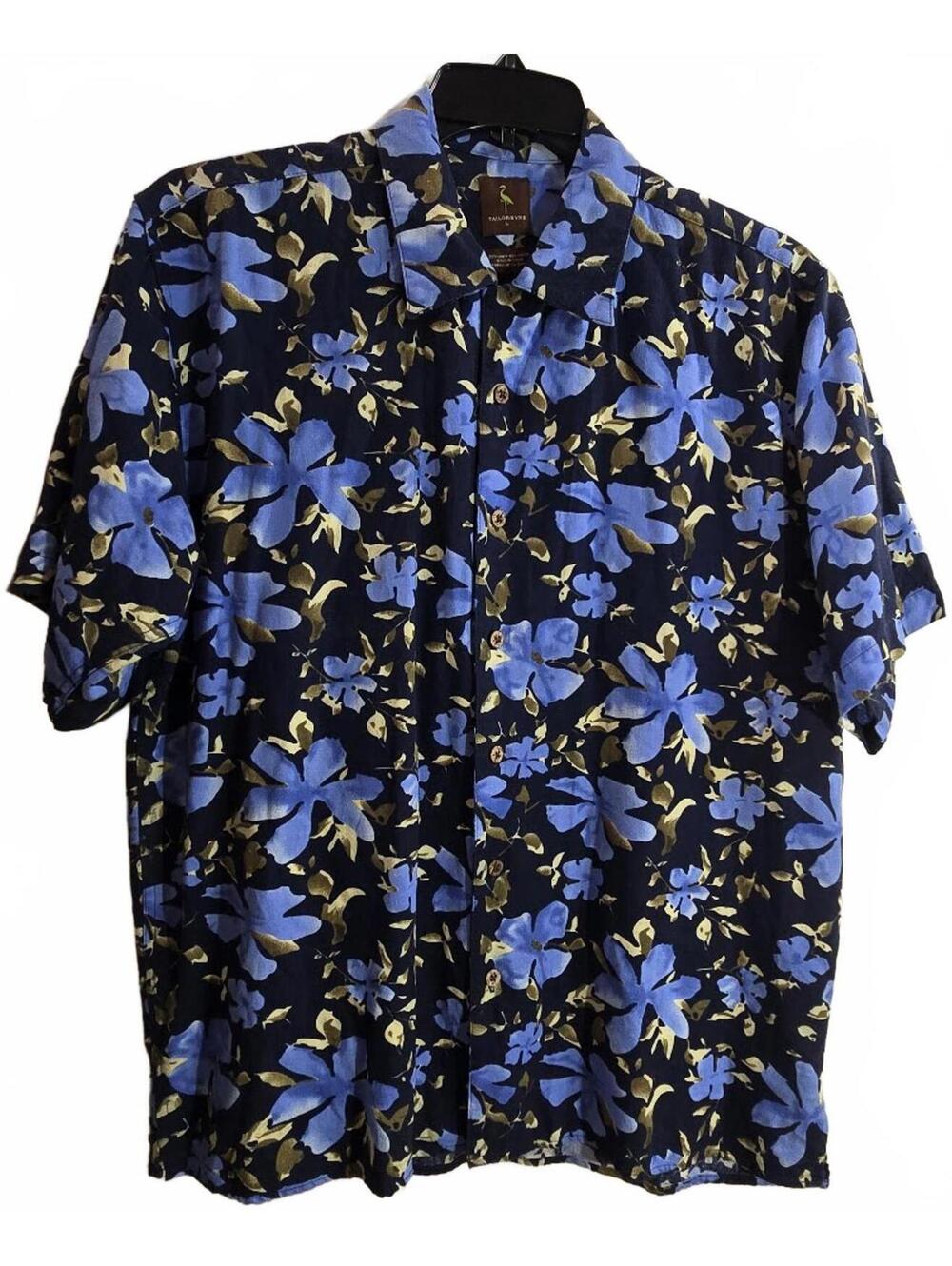 TailorByrd Men's Short Sleeve Floral Button-Up Shirt Linen Blend Size L